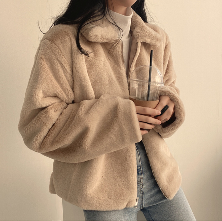 Women's lapel zipper plush feeling loose and versatile short style thickened long-sleeved coat for women_voghion.com
