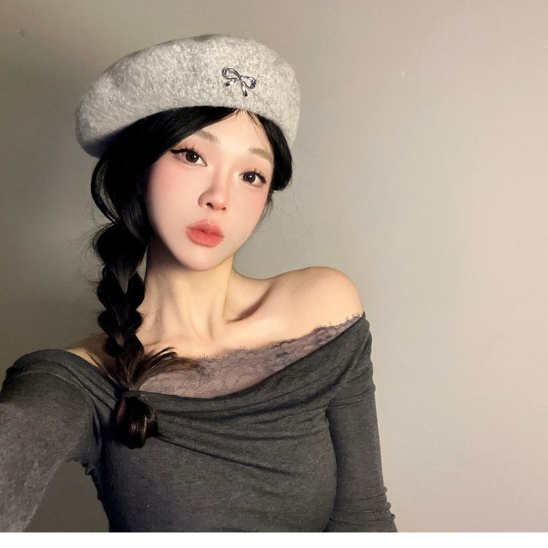 Beret With Bowknot For Women Sweet Versatile Elegant Fashionable Artist Hat Trendy Early Autumn Outfit Solid Color_voghion.com