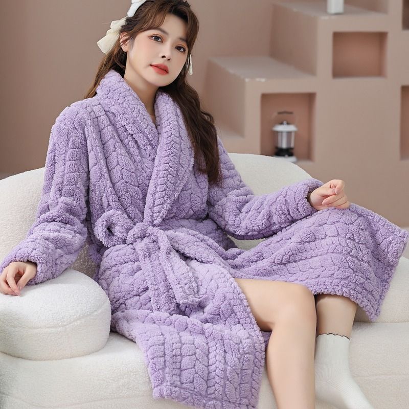 nightgown Women's Coral Fleece Thickened Fleece Long Pajamas Flannel Bathrobe Large Size Loungewear_voghion.com