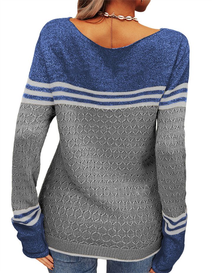 Cross-border autumn and winter new women's crocheted elegant commuter top European and American long-sleeved knitted striped color matching round neck_voghion.com