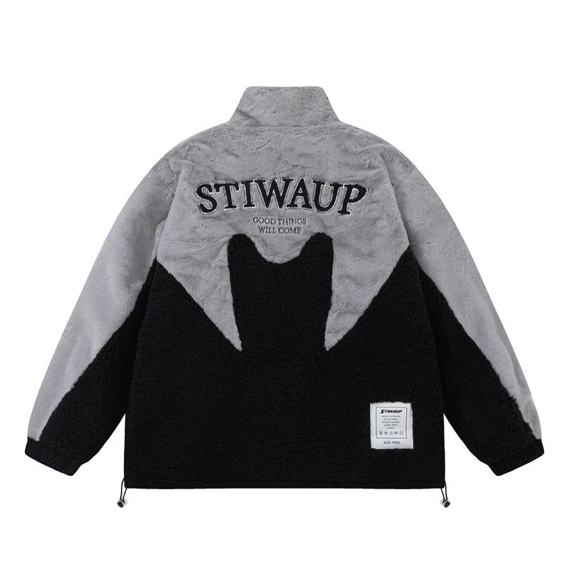 Katalógus Téli Hip Hop Színblokkos Hímzett Báránygyapjú Pamut Férfi Trendi Márkás Utcai BF Lazy Style Meleg Kabát_voghion.com