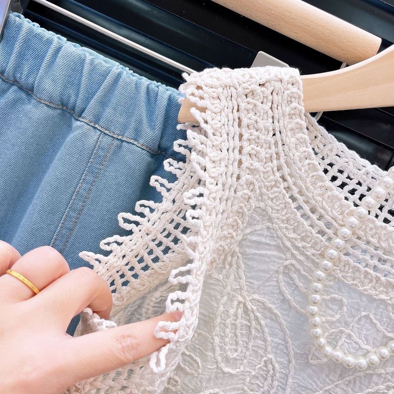 Abbigliamento estivo per bambine, set di moda, top in pizzo lavorato a maglia, jeans con nappe, due pezzi._voghion.com