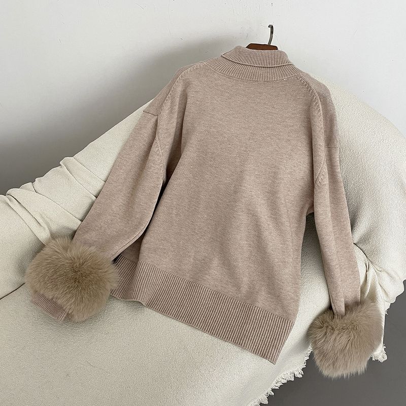 Damenbekleidung Heißer Verkauf Damen Herbst und Winter neuer verdickter hochgeschlossener lockerer Strickpullover mit abnehmbaren Manschetten aus echtem Fuchs_voghion.com