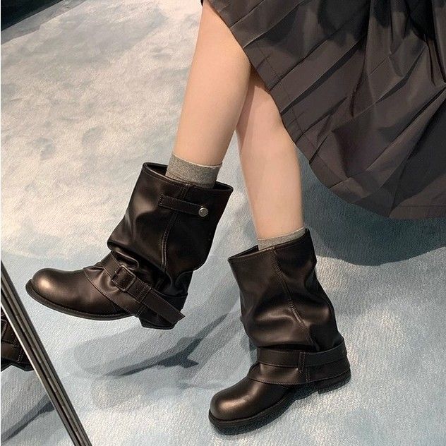 In-Stock Grape Mom Same Style Shoes With Hidden Wedge Platform Thick Sole Height Increase Wide Tube Pile Boots For Women_voghion.com