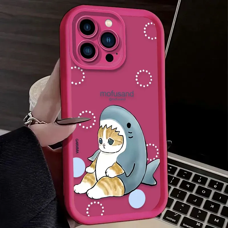 Lustige Mofusand Shark Cat Matte Hülle für iPhone 16 15 14 13 12 11 Pro Max X XS X S Max XR SE 2020 7 8 Plus iPhone 16 Rückseite_voghion.com