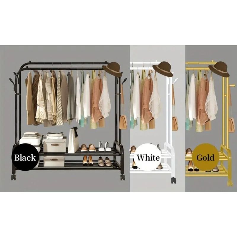 Hanger Garment Organizer Hooks Rolling Wardrobe Bars MultiFunctional HeavyDuty Shelves Dual Metal Portable Rack W Clothes With_voghion.com