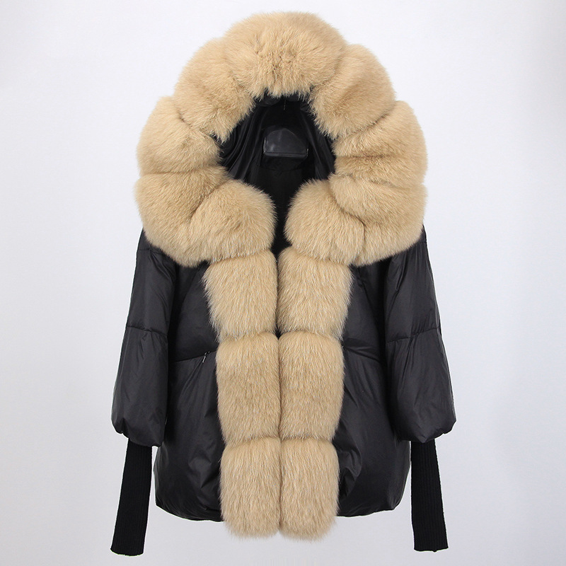 Kurze Pufferjacke für Damen mit 90 % weißen Entendaunen und abnehmbarer Kapuze aus Fuchspelz – stylischer Wintermantel für die N-Mode (201–300 g Füllung, 91–95 % Reinheit)_voghion.com