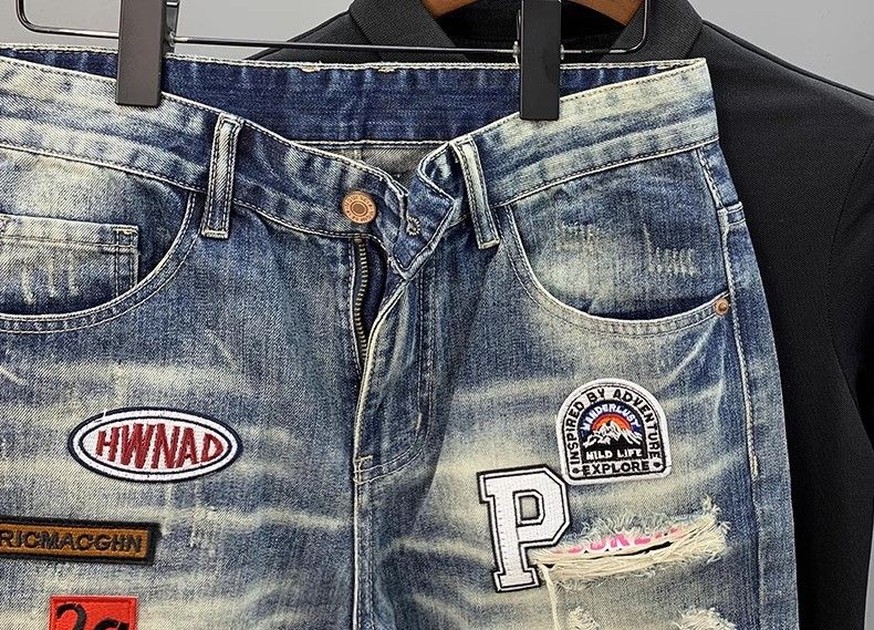 Summer New Ripped Denim Shorts Men's Trendy Brand Patch Print Mid Length Pants Trendy All Match Beggar Shorts_voghion.com