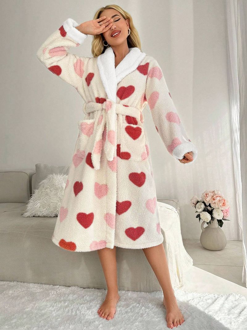 Herfst en winter comfortabele eenvoudige badjas dames pyjama's liefde print loungewear casual nachthemd verdikte bovenkleding_voghion.com