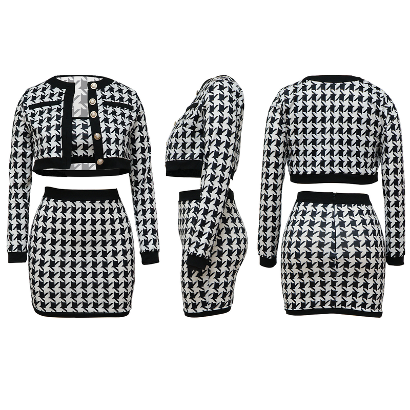 Damen-Langarm-Cardigan-Weste, Wickel-Hüftrock, bedrucktes dreiteiliges Set_voghion.com