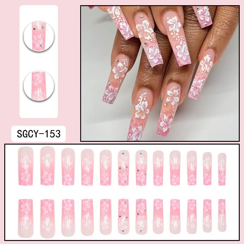 24 peças de unhas Sakura rosa degradê - unhas postiças longas estilo caixão com glitter e strass - unhas postiças femininas - unhas de pressão para cachimbo de água_voghion.com
