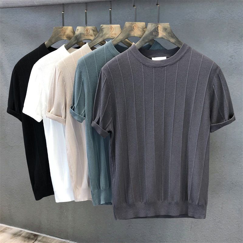 Herrenbekleidung Hochwertiges, einfarbiges T-Shirt aus Eisseide mit Rundhalsausschnitt, kurzärmelig, lässig, halbarm, neues T-Shirt für Männer_voghion.com