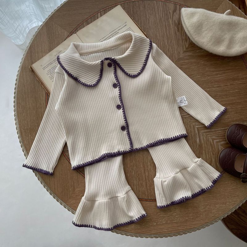 INS Spring Autumn Baby Shell Knitted Split Set for Girls Babies with contrasting color cardigan and flared pants_voghion.com