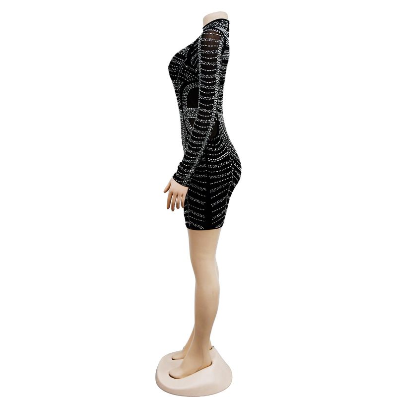 Abito da donna con gonna corta trasparente a maniche lunghe in maglia di diamanti caldi tinta unita_voghion.com