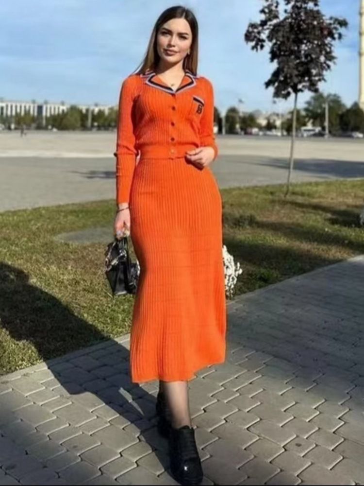 Completo da donna con risvolto e gonna in maglia, nuovo completo da donna slim fit, completo da due pezzi a maniche lunghe in maglia, molto venduto_voghion.com