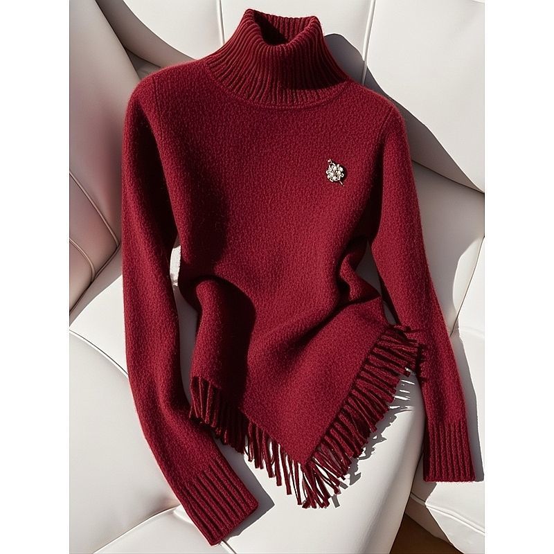 Dammekleeder Hierscht- a Wanterschick villfälteg Quasten rout gestrickt Top Versioun vun engem héije Kraang décke Basis Pullover_voghion.com