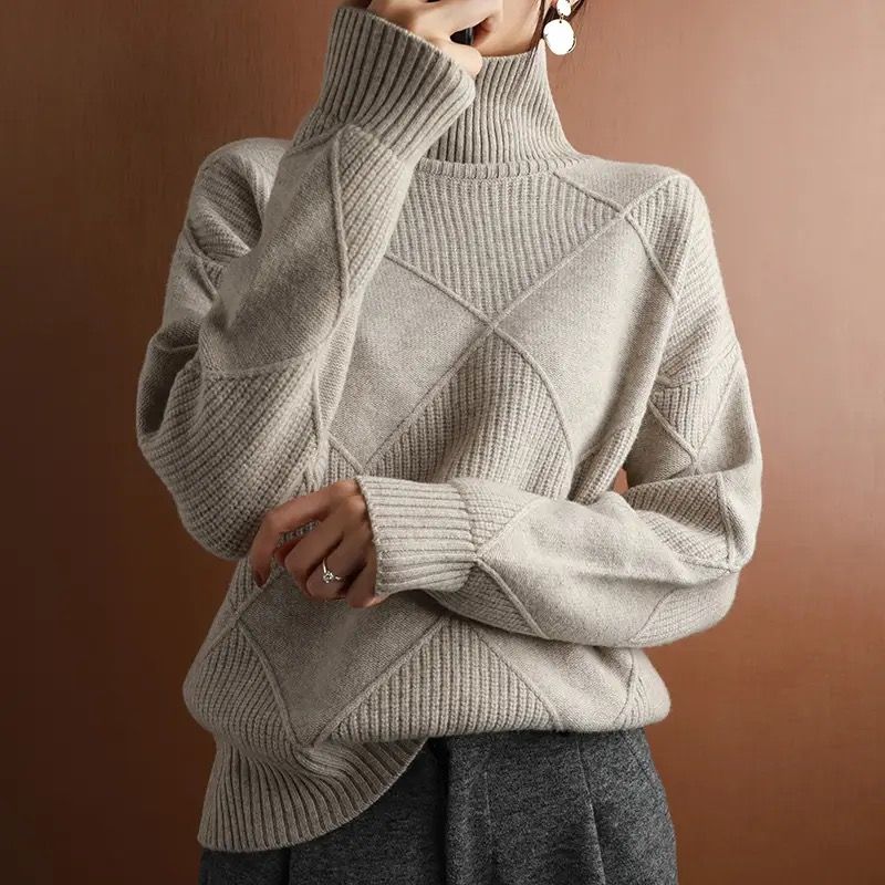 Maglione pullover da donna autunno e inverno nuovo, spesso, caldo, alla moda, lavorato a maglia, in lana, con collo alto DF4845_voghion.com