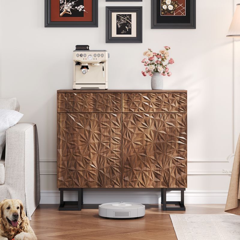 Credenza Kommode 80x78cm Walnussoptik Mit Blattrelief, 2 Schubladen & 2 Türen, Metallbeine_voghion.com
