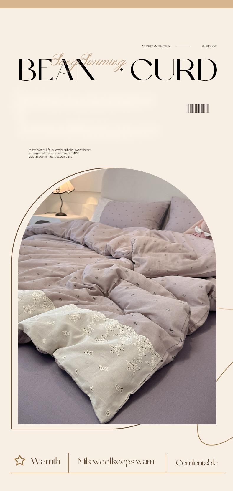Parure de lit de style français de classe A, quatre pièces, housse de couette en gaze de coton pur, double couche, drap-housse d'été pour dortoir_voghion.com