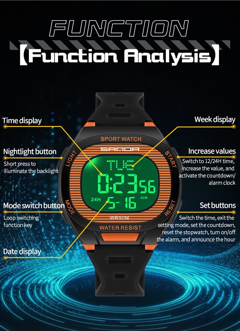 Orologio sportivo digitale da uomo e da donna con sveglia, impermeabile, multifunzione, retroilluminazione a LED, cronometro, timer per il conto alla rovescia, design leggero e di lusso_voghion.com