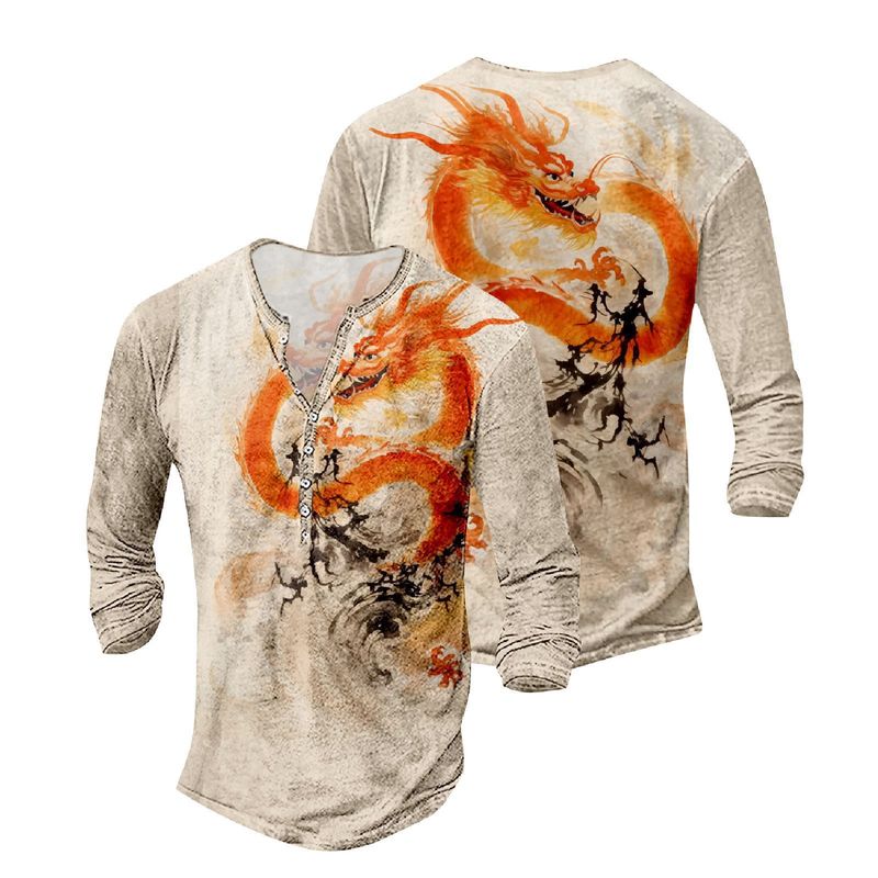 Unbeatable Quality Summer 3D Digital Printing 7-button Henry Dragon Pattern Men's Casual Long Sleeved Shirt_voghion.com