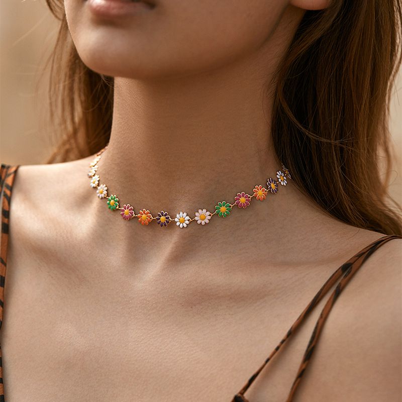 Sleutelbeenketting kleine madelief ketting kleine multi pamine kleurrijke kralen Boheemse oliedruppel vakantie stijl retro ketting_voghion.com