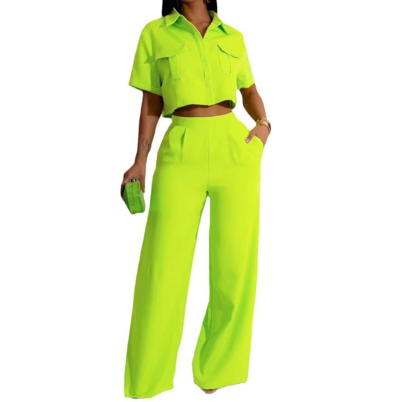 Damenbekleidung Sommermode Revers Kurzarm Hohe Taille Weite Beinhose Modeanzug_voghion.com
