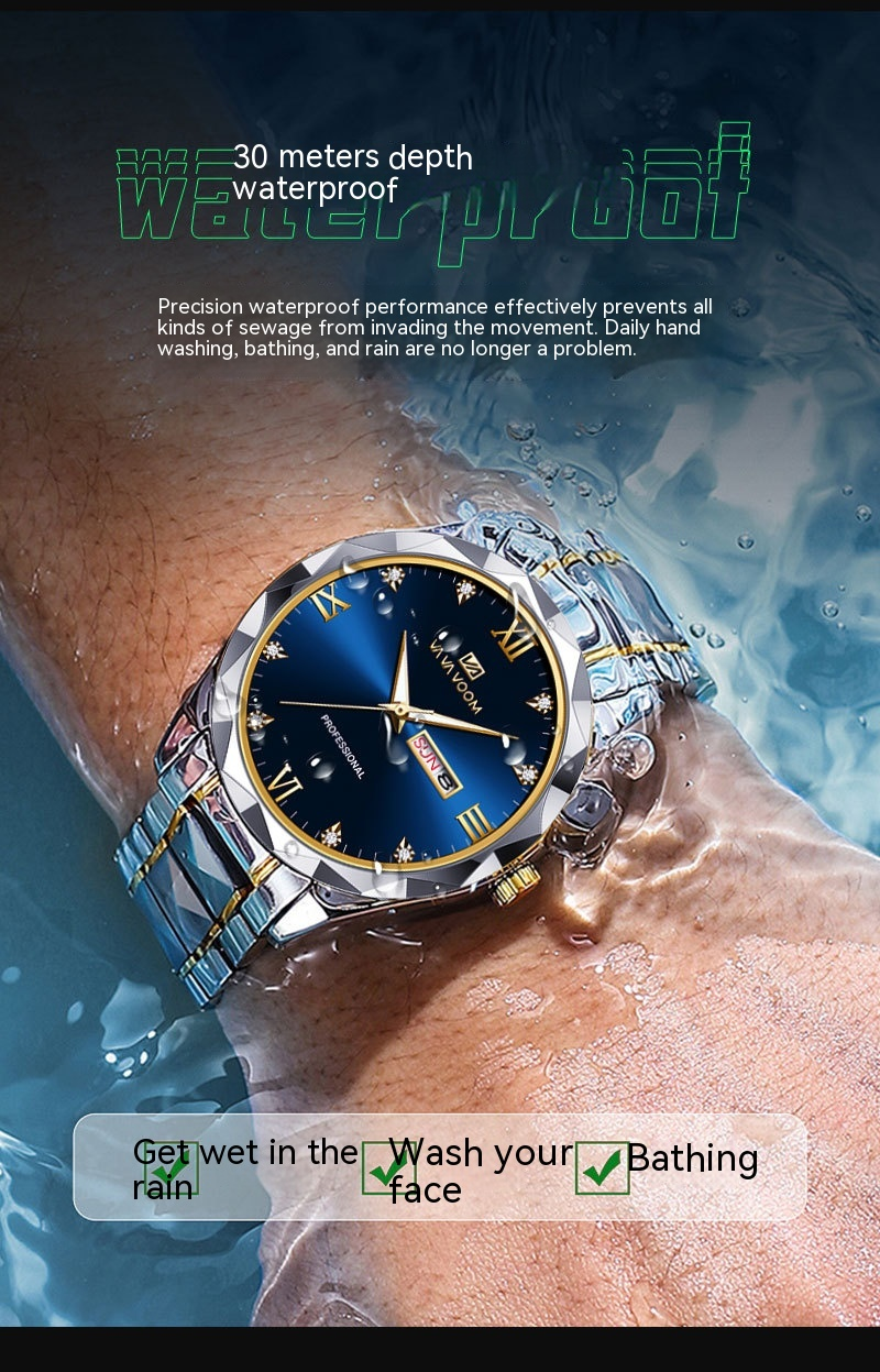 New Multi-functional Butterfly Buckle Men's Watch, Popular Men's Trend Double Calendar Tungsten Steel Waterproof Quartz Watch_voghion.com