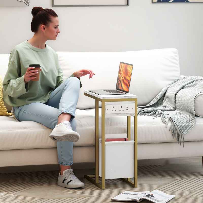 HOMCOM C Shaped Side Table, Faux Marble Bedside Table With Charging Station_voghion.com