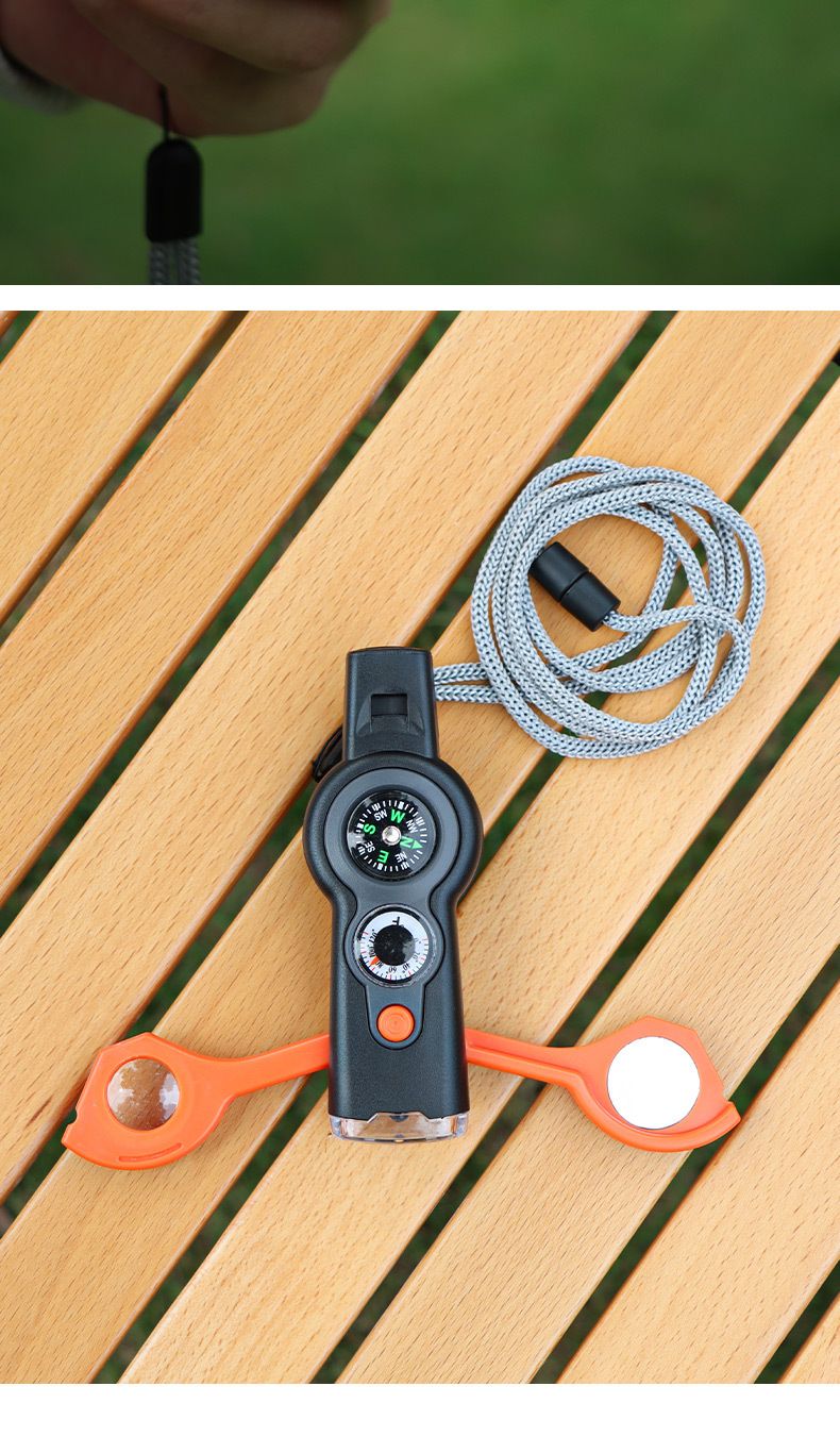 Nieuwe 7-in-1 multifunctionele overlevingsfluit voor buiten met LED-licht, thermometer en kompas_voghion.com