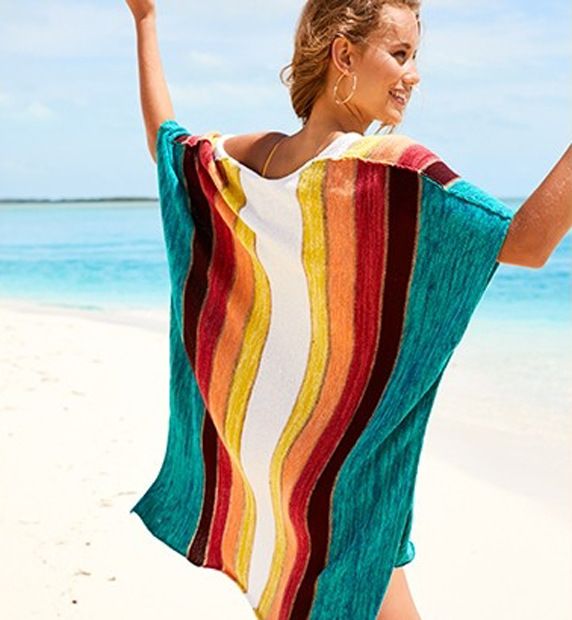 Women's Rainbow Stripe Knitted Beach Cover-Up – Lightweight Crochet Bikini Swimsuit Outerwear For Vacation & Poolside (One Size)_voghion.com