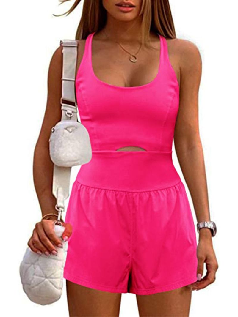 Tweedelige Illusion U-hals afslankende modieuze tanktop met aansluitende shorts, effen kleur, open rug, uitgeholde strakke romper voor dames_voghion.com