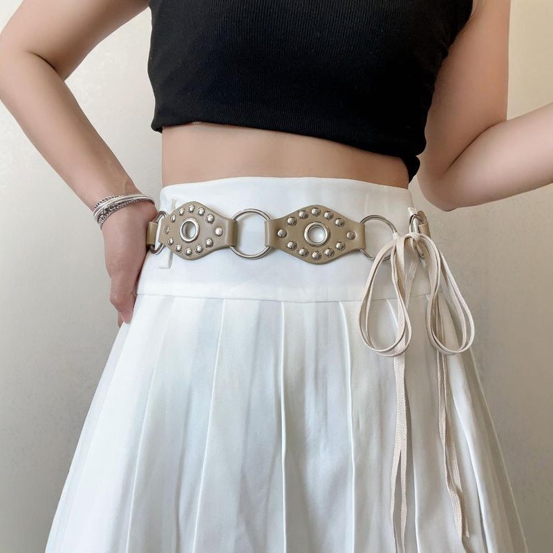American Style Y2K Spicy Girl Round Ring Leather Patchwork Belt Black Rivet Metal Buckle Design Sense Tie Waist Rope_voghion.com