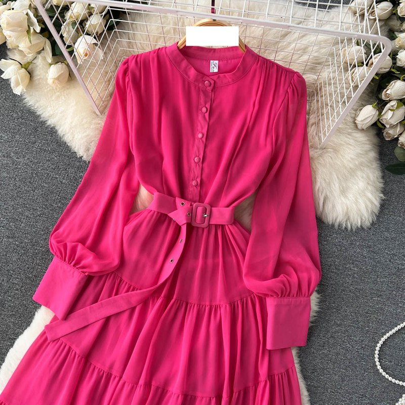 Kadın V yaka tek göğüslü şifon Fransız vintage bel zayıflama büyük salıncak A-line uzun etek_voghion.com