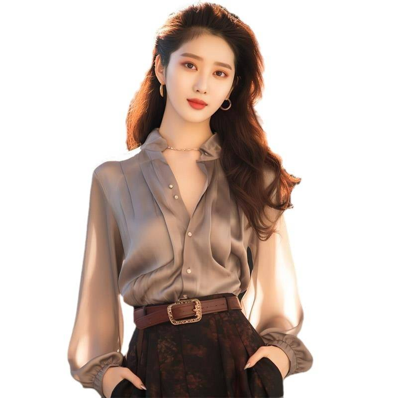 Women's Clothing Early Spring New High End Tops French Style Unique And Beautiful Age Reducing High End Gray Chiffon Shirt For Women_voghion.com