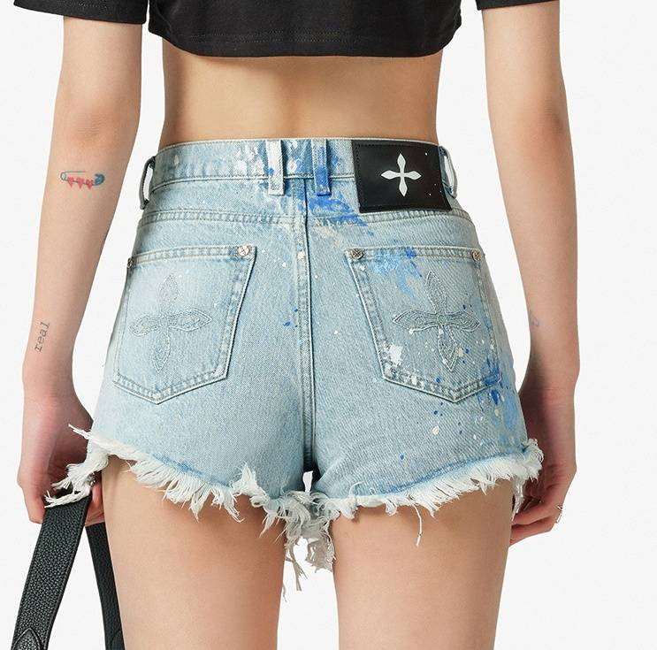 Short en jean taille haute à fleurs croisées peintes à la main, style vintage, en coton vieilli, pour femme, streetwear, mode_voghion.com