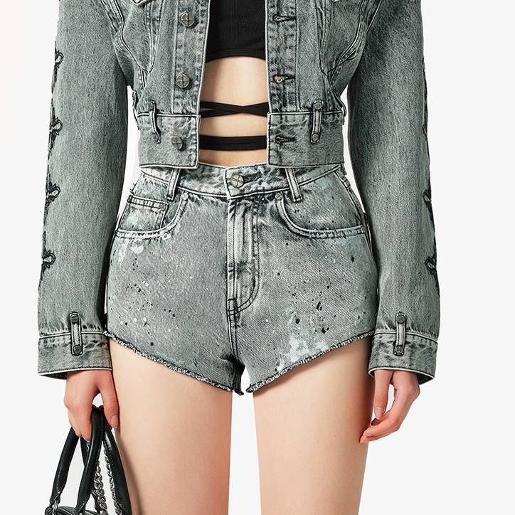 Short en jean taille haute à fleurs croisées peintes à la main, style vintage, en coton vieilli, pour femme, streetwear, mode_voghion.com