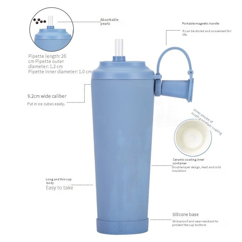 Thermoses 830 ml avec paille en acier inoxydable et revêtement céramique, gobelet isotherme portable avec poignée magnétique et gobelet à perles_voghion.com