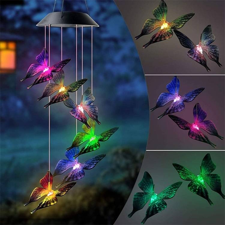 Zonne-windgong met vlinder - Kleurveranderende LED, waterdicht, voor tuin, terras en kerstdecoratie (7 kleuren, ophang- en paalopties)_voghion.com
