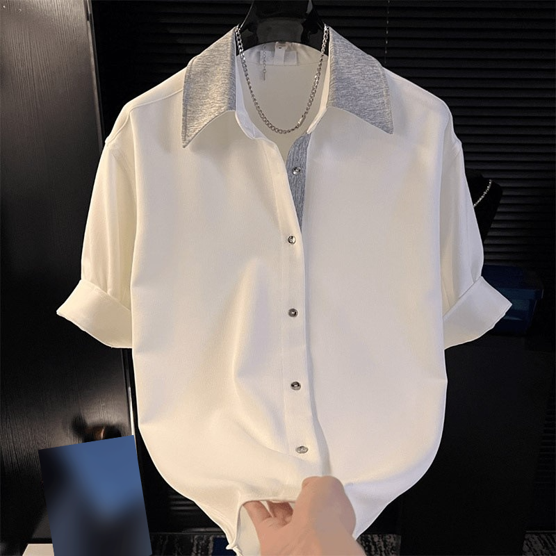 Camicia casual da uomo a maniche corte - Tessuto misto chiffon slim fit, leggera e traspirante per l'estate, alla moda con design del colletto_voghion.com