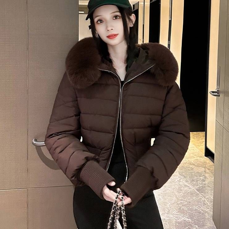Pufferjacke mit Kunstpelzkapuze für Damen, Winterkurzmantel mit abnehmbarem Kragen, Slim Fit, gesteppte Oberbekleidung in Schwarz/Braun/Creme_voghion.com