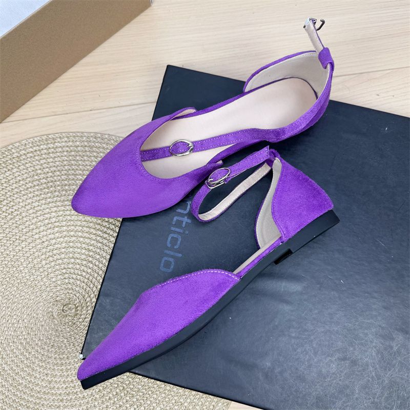Women's Pointed - Toe Ankle Strap Flats - Elegant Low - Heel Dress Shoes Solid Color Suede-like Leather_voghion.com