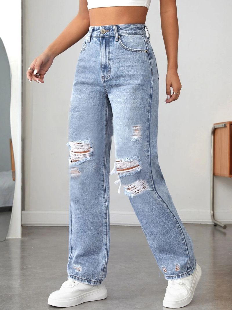 Kadın Giyim Cepli Yırtık Günlük Kot Geniş Paça Pantolon_voghion.com