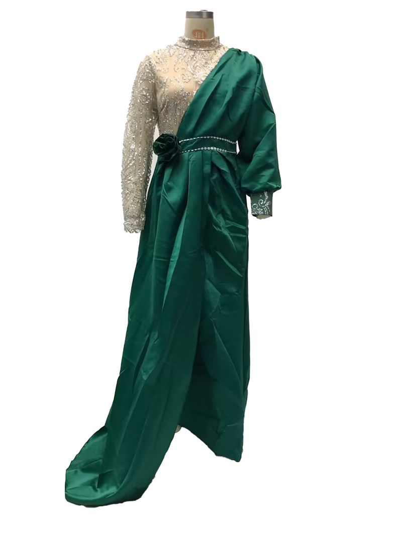 Evening Party Dress Women Elegant Beading Side Split Satin Lantern Sleeve Green Wedding Prom Gown Long Maxi Dresses 2025_voghion.com