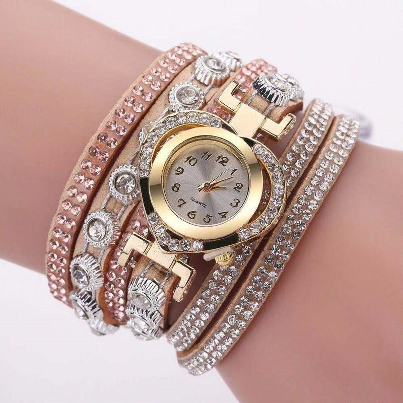 Uhren Elegante Damen-Modeuhr mit herzförmigem Zifferblatt, Strasssteinen und mehrfarbigem PU-Armband – Stilvolle Quarzarmbanduhr für die Freizeit_voghion.com