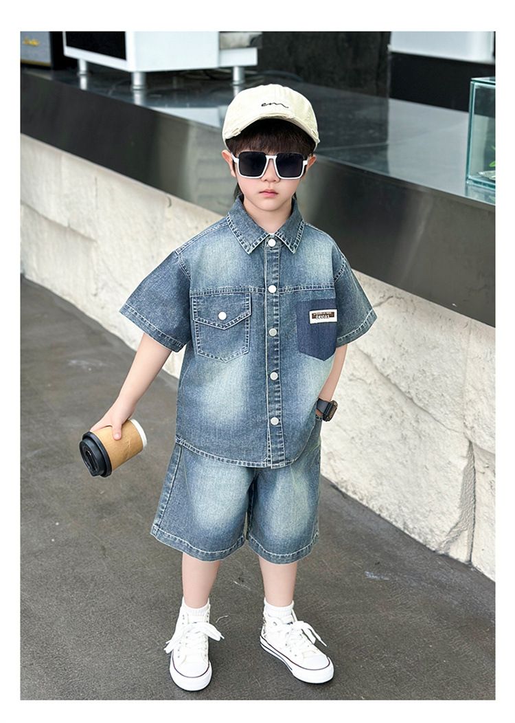 Abbigliamento per bambini piccoli, camicia in denim, completo con colori sfumati, alla moda, estivo, a maniche corte, completo in due pezzi_voghion.com