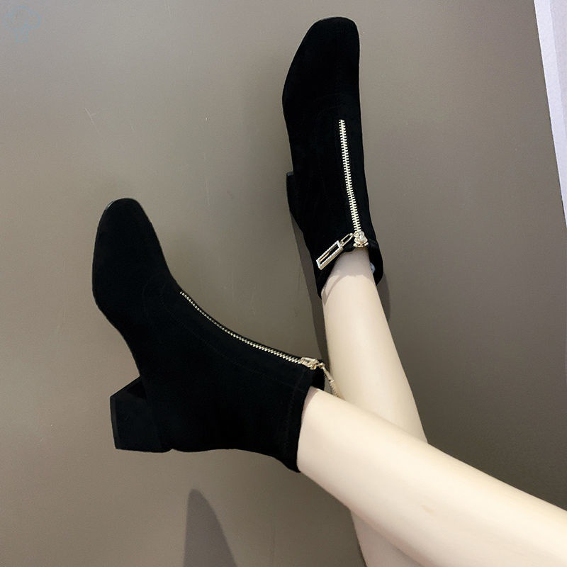 Martin Women's English Style Versatile New Suede Thick Heel Slim Front Zipper Short Boots 2023 Autumn/Winter_voghion.com
