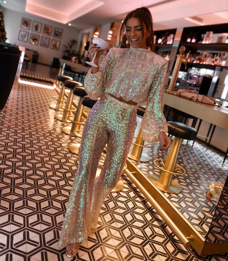Ensemble deux pièces à paillettes de couleur sirène pour femme_voghion.com
