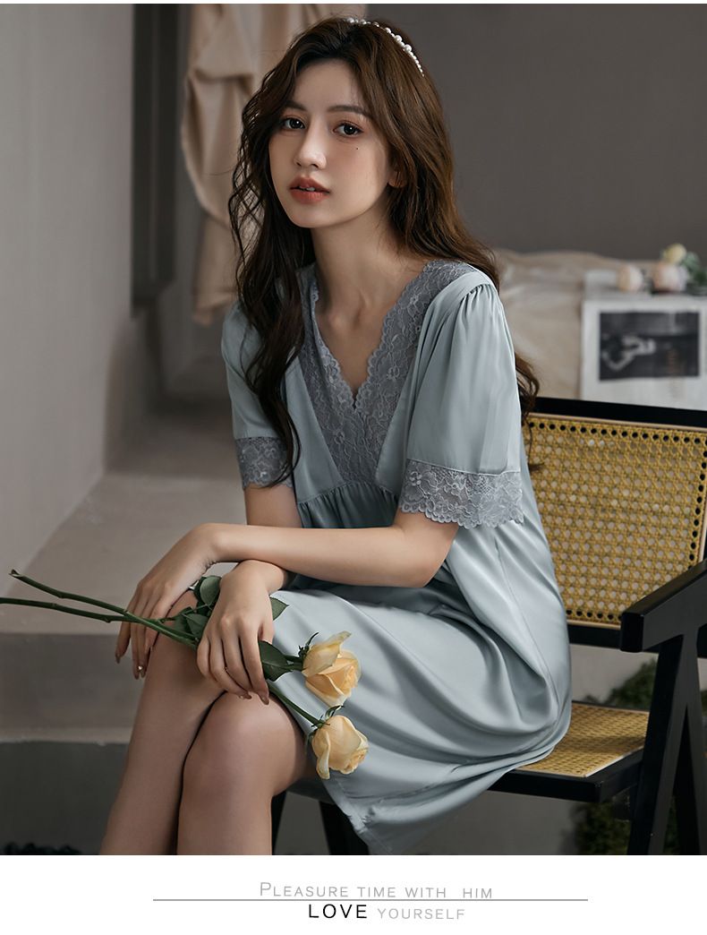 Women's Sleepwears Large Lace Nightdress Medium Length Ice Silk Short Sleeved Simple Large Size Nightdress Home Clothes_voghion.com