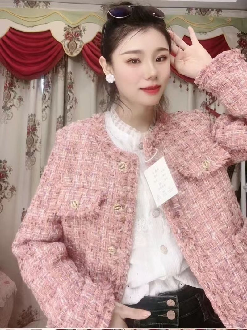 Luxuriöse, rosa Tweed-Steppweste für Damen im Winter, modischer Kurzmantel mit 3D-Muster, Prinzessinnenärmeln_voghion.com